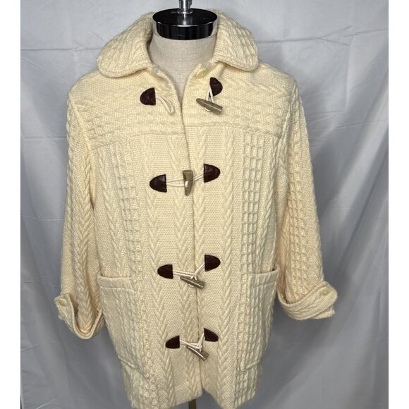 Branigan Weaver Wool Coat M Cream Toggle Buttons Cable Knit Cardigan Fisherman - Picture 1 of 15